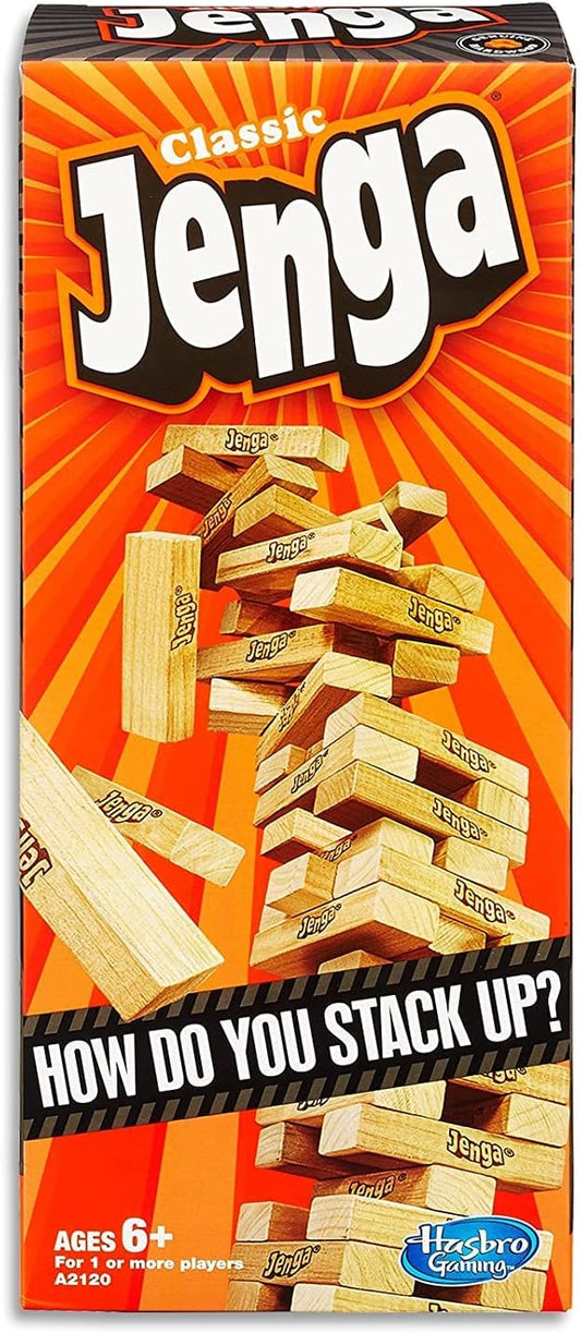 Jenga Classic Game with Genuine Hardwood Blocks, Stacking Tower Game for 1 or More Players, Kids Ages 6 and Up
