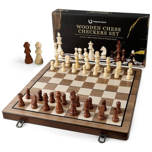 Wooden Chess Checkers Set - U Magnetic Board